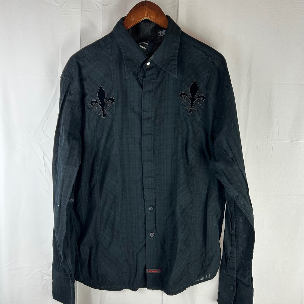 Fender Custom Shop Rock Roll Shirt Mens XXL fit XL‎ Black Fleur De Lis Studded